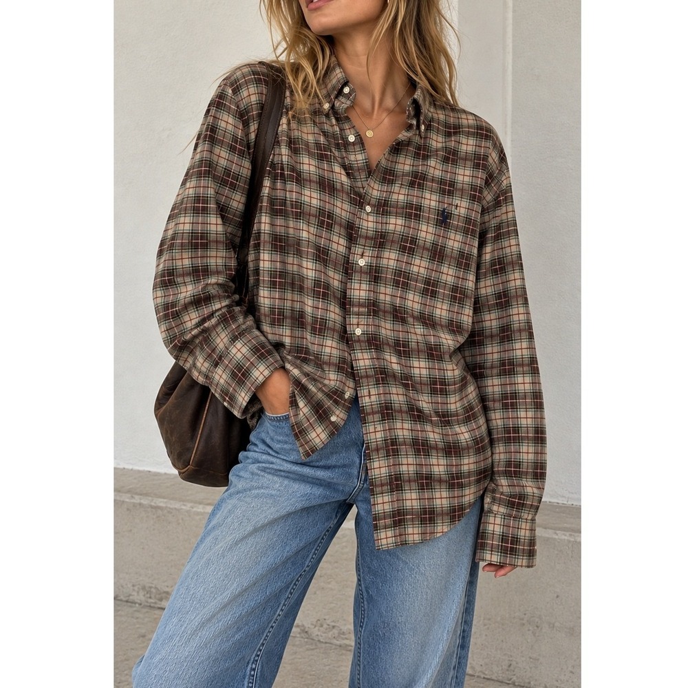 Vintage Ralph Lauren Big Shirt Plaid Cotton Button Down Brown Teal Oversized- L
